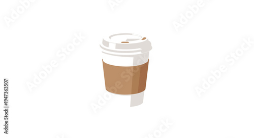 A single white disposable coffee cup with a brown sleeve and a white lid is presented in an isometric view on a plain white background.