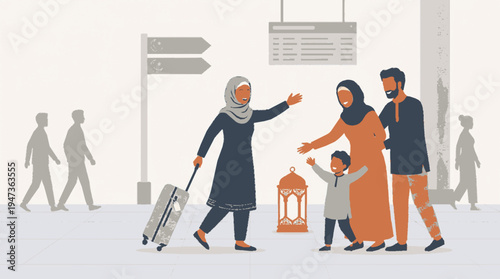 Family of four with luggage and lantern walking through airport terminal travel eid celebration