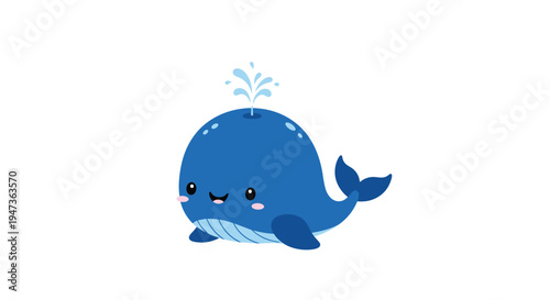 A small, cute, cartoon-style blue whale with rosy cheeks is spouting water from its blowhole on a plain white background.