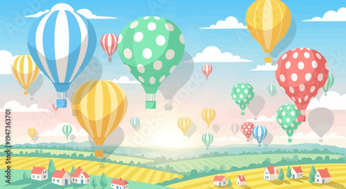 Colorful hot air balloons flying over picturesque countryside landscape