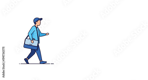 A stylized male character, wearing a blue cap and jacket, walks in profile carrying a light blue shoulder bag across a plain white background.