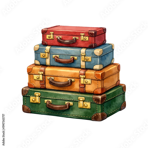A watercolor illustration of a stack of vintage suitcases for travel designs, adventure themes, retro decor, and journey illustrations
