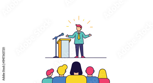 An animated male speaker, with radiant yellow light above his head, addresses an unseen audience from behind a podium with a microphone on a white background.