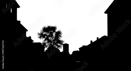 Silhouette of a street with houses and a tree against white background