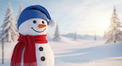 Smiling Snowman with Blue Hat and Red Scarf in Winter Landscape