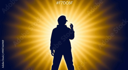 Silhouette of a person with a baseball cap against a radiant sunburst background.