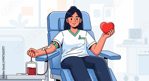 Woman Donating Blood in Medical Chair, Holding Heart Symbol