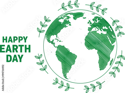 Happy earth day vector illustration with a green textured globe surrounded by leaves on a transparent background for various uses