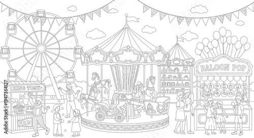 Amusement Park Fun: Carousel, Ferris Wheel, Balloon Pop Game - Coloring Page