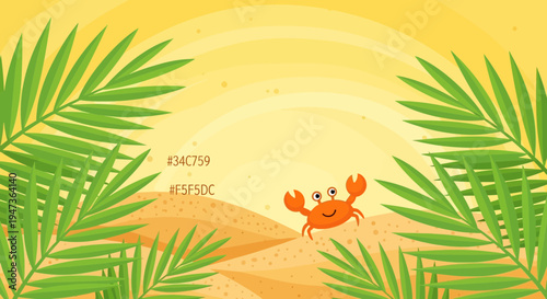 Cute Crab on Sandy Beach with Palm Leaves and Sunny Sky