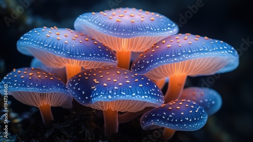 Magical Glowing Mushrooms in Forest at Night, Bioluminescent Fungi Cluster, Mystical Enchanted Woodland Illumination