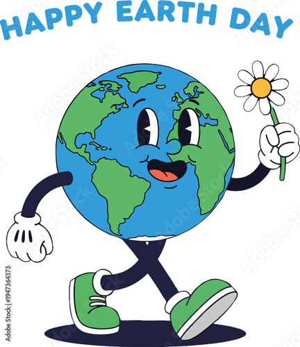Happy earth day retro cartoon earth character walking with a daisy flower on a transparent background