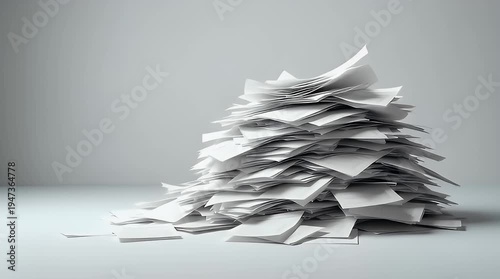 Chaotic digital office documents and important paperwork falling through the air create a massive messy pile signifying administrative overload and burnout.