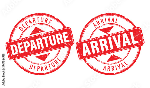 Red grunge rubber stamp icons for departure and arrival tracking in logistics and transportation