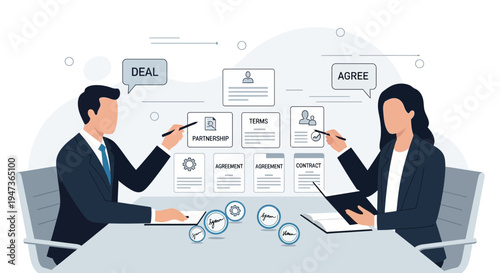 Business meeting: people signing contract, partnership agreement, deal and terms discussion