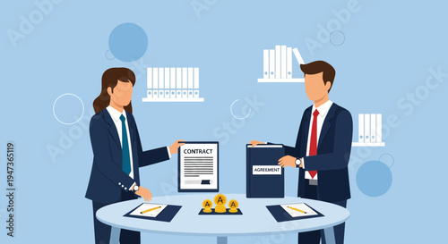 Business partners signing a contract, sealing a deal, and agreeing on terms with documents on table