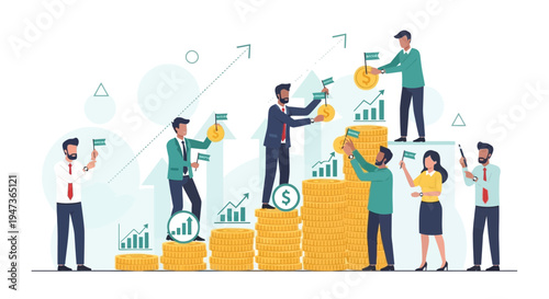 Business people building financial growth with stacks of money and upward charts.