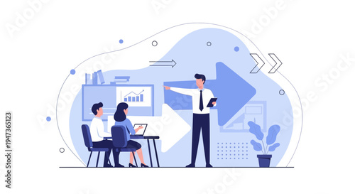 Business meeting with presentation, team collaboration, and strategy planning