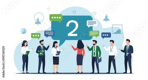 Business meeting with speech bubbles and number 2, teamwork and communication concept