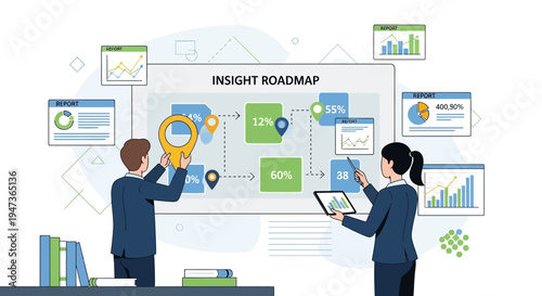 Business people planning insight roadmap with charts and data visualization