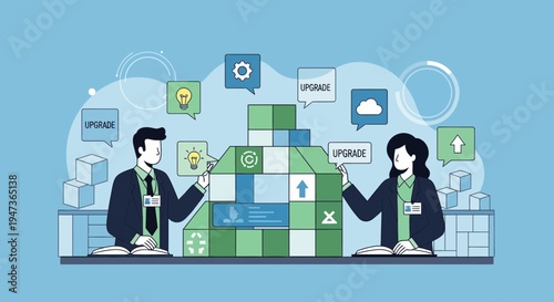 Business people building upgrade process with blocks, cloud, gears, lightbulb icons