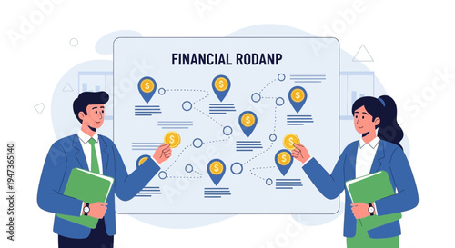 Business people analyzing financial roadmap with coins and pins on chart