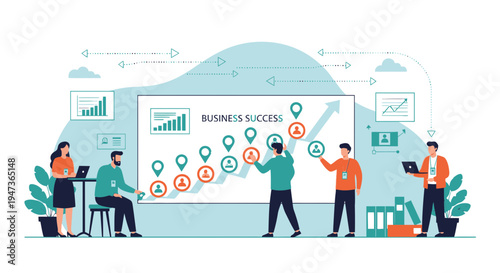 Business Success Growth Chart with People Analyzing Data and Strategy