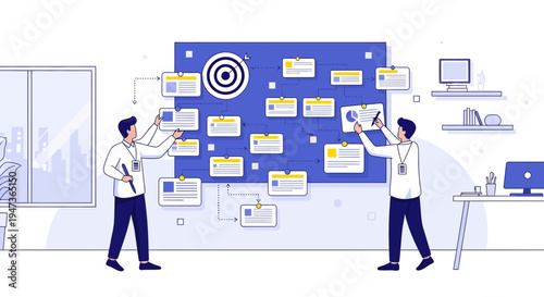 Business strategy planning on a board with sticky notes and target