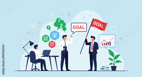 Business team achieving goals, planning success, and celebrating victory with flag