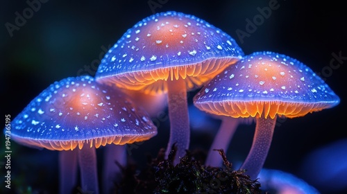 Magical Glowing Mushrooms with Blue and Orange Light, Enchanted Forest Night Scene, Detailed Texture, Ethereal Fantasy Nature