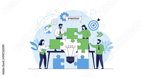 Business team assembling strategy puzzle pieces around a lightbulb, symbolizing teamwork and innovation.