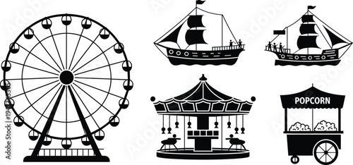Black and white silhouette of amusement park including a Ferris wheel, two sailing ships, a carousel, and a popcorn cart