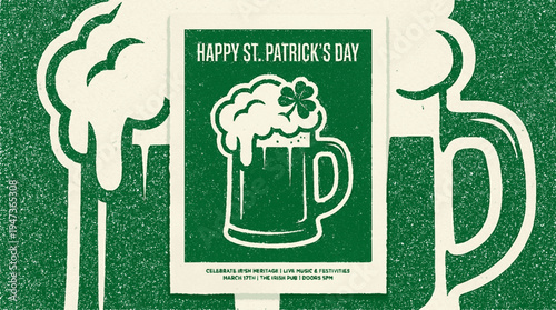 Festive st patrick's day mug with clover and foam design surrounded by oversized mugs on green monochromatic background