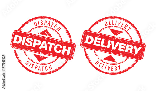 Red grunge rubber stamp icons for dispatch and delivery status in logistics and commercial transport