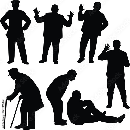 Collection of black silhouettes of men in various poses and attire including a police officer an elderly man with a cane and others in suits