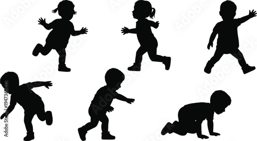 Collection of black silhouettes of young children in various playful poses demonstrating active childhood and energetic movement
