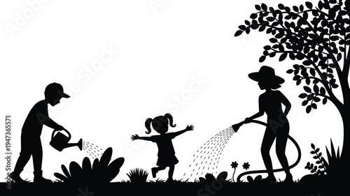 Mother and two children watering plants in a garden with a hose and watering cans in silhouette against a white background