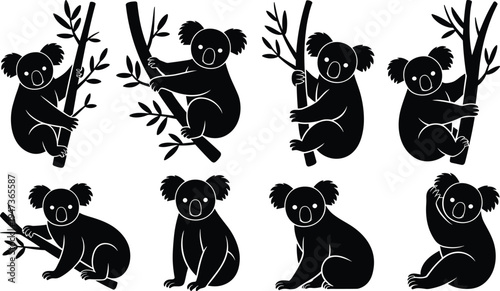 Set of eight black silhouette of koalas in various poses on eucalyptus branches tree