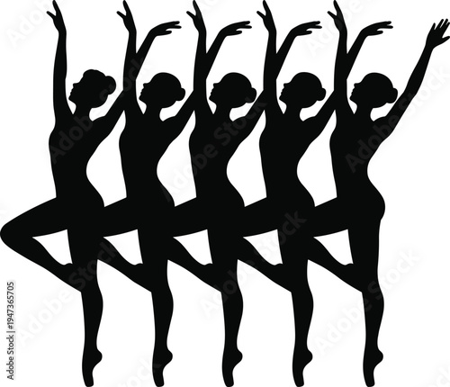 Silhouette of five graceful ballerinas in a line performing a ballet pose with arms extended upwards on a white background