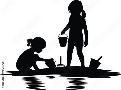 Silhouette of two young children playing with sand toys and buckets on a reflective surface kids black and white