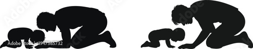 Silhouettes of an and a child kneeling together on a white background, interacting closely parent