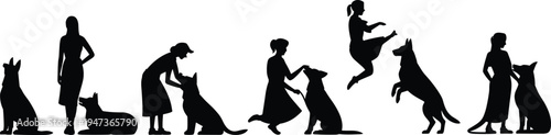 Silhouettes of people interacting with dogs in various poses and activities including training and petting