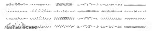 set of decorative hand drawn swirls and curls line elements for design and decoration on transparent background