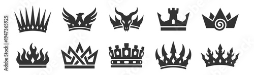 set of black silhouette crown icons collection vector illustration on transparent background