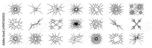 set of twenty different broken glass cracks vector illustrations on transparent background