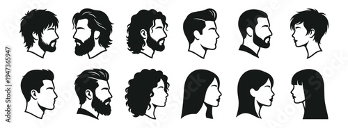 silhouettes of male and female heads with different hairstyles and beard styles on transparent background