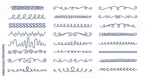 hand drawn blue dividers and decorative line ornaments vector set on transparent background