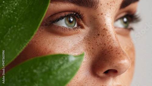 Model with natural make up and green leaf. Spa and wellness. Youth, teens and skin care concept. Close up, selective focus, copyspace.