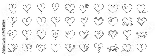 set of linear abstract heart icons doodle style decoration elements on transparent background
