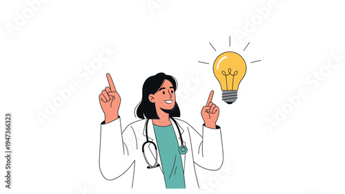 Smiling female doctor having a great idea or insight, represented by a glowing yellow lightbulb appearing above her head.